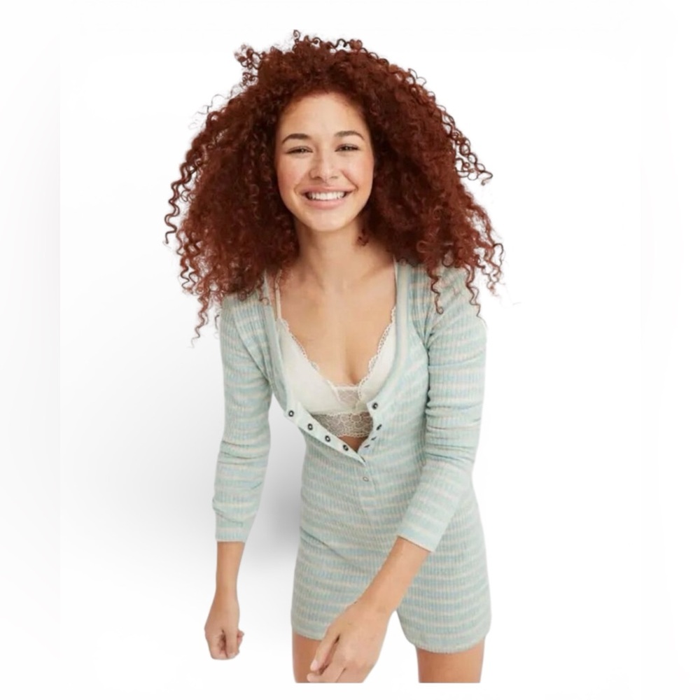 Aerie Button Front Long Sleeve Romper, Medium